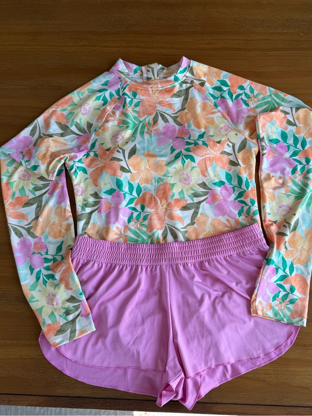 Kids Floral Long-Sleeve Rashguard One-Piece with Pink Swim Shorts